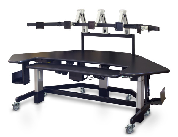 Height Adjustable Workstation with 3 CPU Holders 1 UPS Box, 5 Monitors FlexoArm Platform, Swing Lift Keyboard Tray