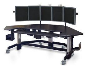 ErgoHexCut desk with multi-monitor support and height adjusting facility