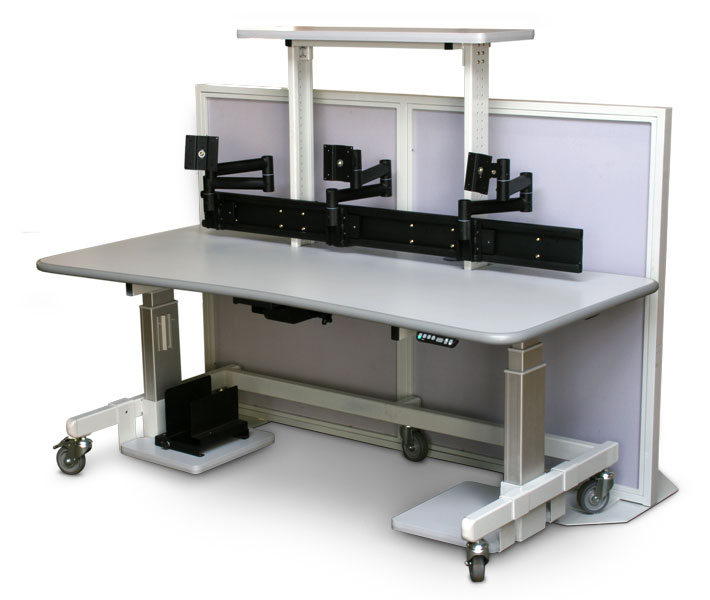 Single Tier 74" x 30" Height adjustable workstation - Z-arm track, Top Shelf, free-standing Partition